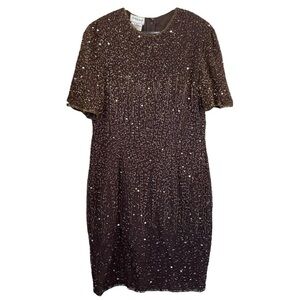 Vtg Stenay Silk Beaded Sequined Cocktail Evening Dress Brown Gold Size M